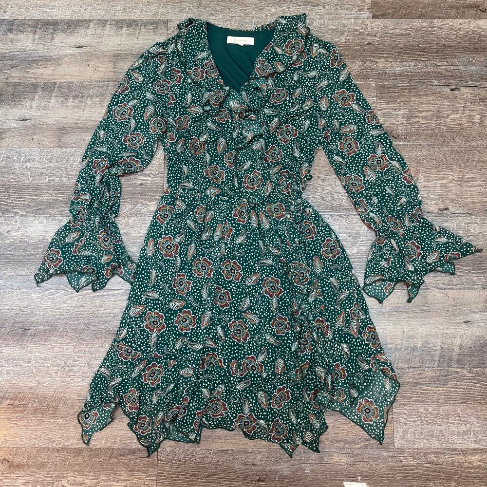 Fanco Green Floral Print Ruffle Mini Dress Bell Sleeve Asymmetrical Hem size S